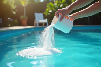 Personne versant du bicarbonate dans une piscine bleue ensoleillee