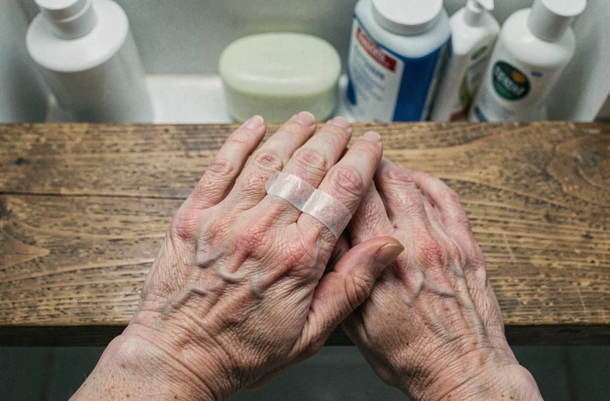 Mains féminines montrant une bague ajustée avec du ruban adhésif transparent pour compenser un doigt gonflé