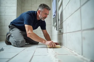 Carreleur professionnel appliquant un joint époxy sur un joint existant dans une salle de bain avec une taloche en caoutchouc