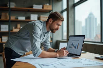 Architecte professionnel utilisant un logiciel de calcul de résistance thermique fibre de bois sur ordinateur portable dans un bureau d'études
