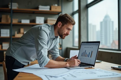 Architecte professionnel utilisant un logiciel de calcul de résistance thermique fibre de bois sur ordinateur portable dans un bureau d'études