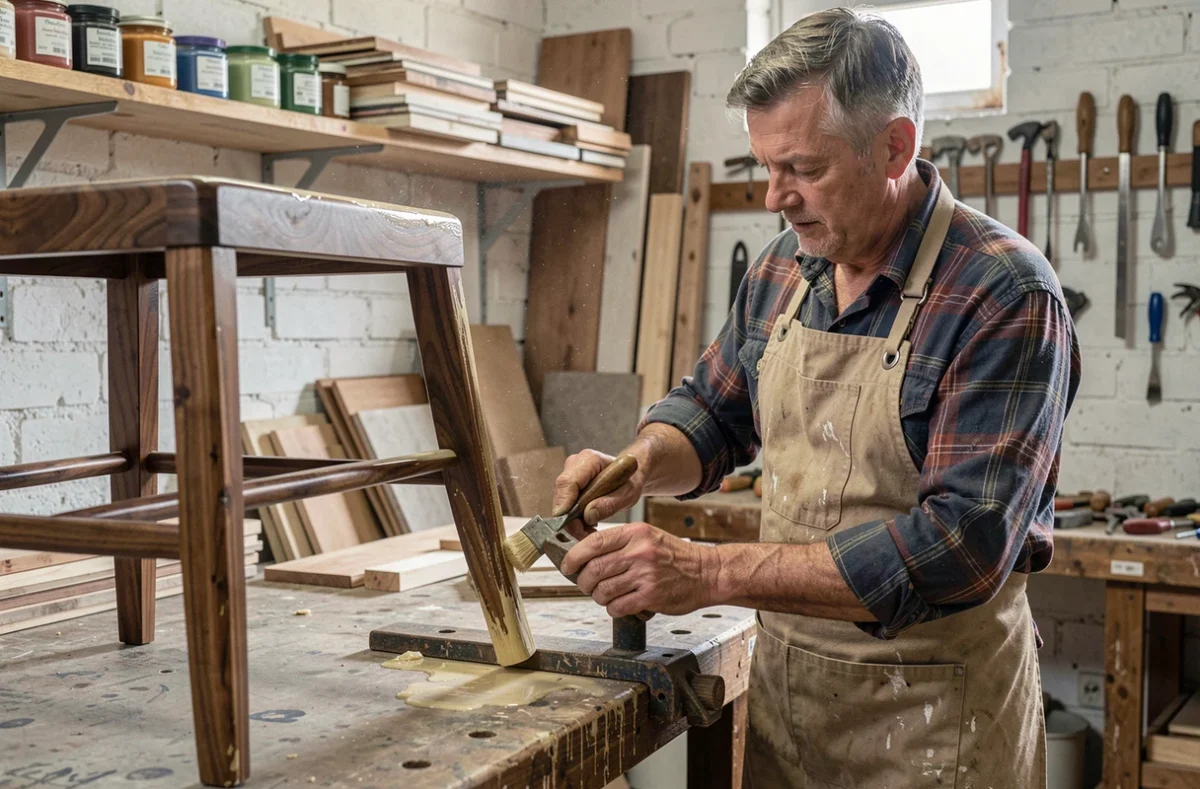 Artisan ébéniste français appliquant une finition cire sur une chaise en noyer dans son atelier