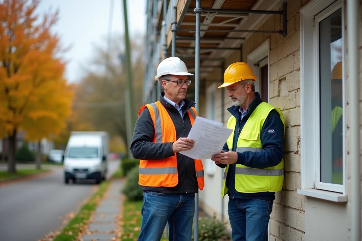 Artisan et propriétaire comparant un devis travaux devant une façade de maison en rénovation extérieure