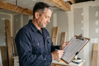 Artisan en veste de travail bleu marine consultant un tarif imprimé sur un chantier de rénovation cuisine