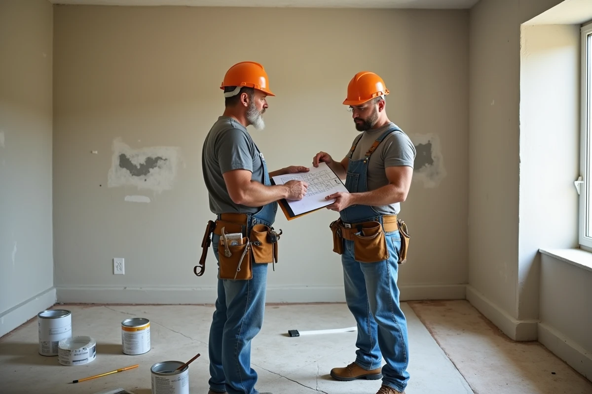 Deux artisans peintres discutant d'un devis de peinture dans une pièce en cours de rénovation