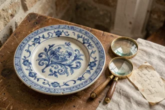 Assiette ancienne de Moustiers-Sainte-Marie posée sur une table en bois avec une loupe et des notes d'expertise
