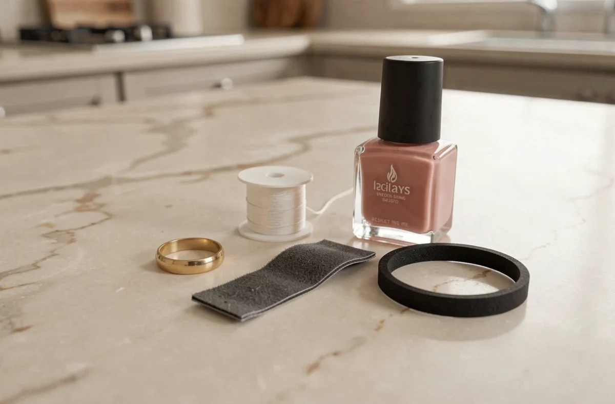 Astuces maison pour adapter une bague trop grande posées sur une table en marbre : fil dentaire, mousse adhésive et vernis à ongles