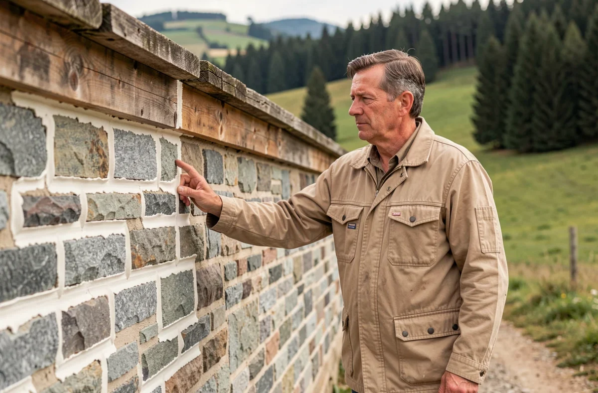 Entrepreneur Aubert Bâtiment inspectant la rénovation d'un mur en pierre dans les Vosges