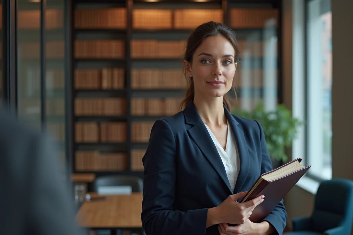 Avocate professionnelle tenant un dossier juridique dans un cabinet de droit pour illustrer la protection juridique en assurance