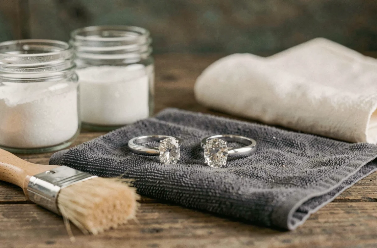 Bague en argent avant et après nettoyage posée sur un chiffon de polissage gris avec du bicarbonate et du vinaigre blanc sur une table en bois