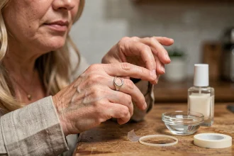 Femme tenant une bague trop grande sur son doigt gonflé avec des astuces maison posées sur le comptoir de cuisine