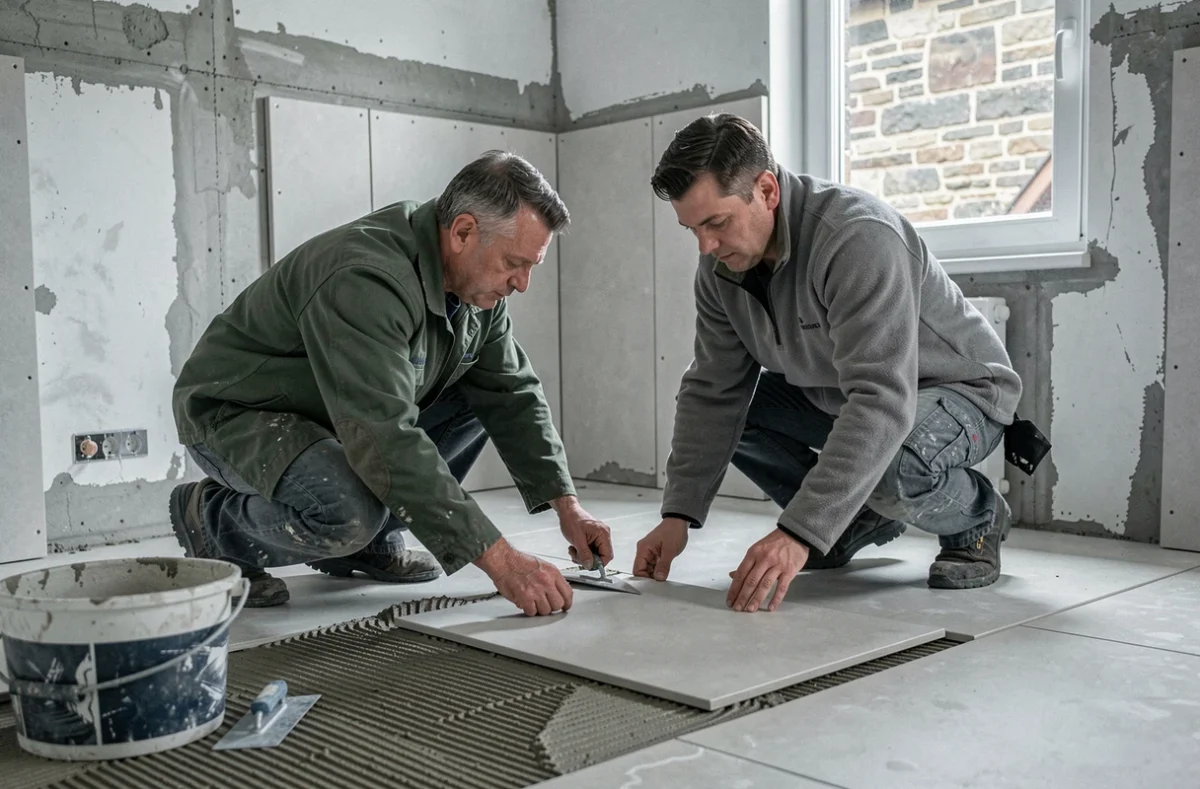 Deux artisans de Bienaime-Roy posant du carrelage lors d'une rénovation dans les Vosges