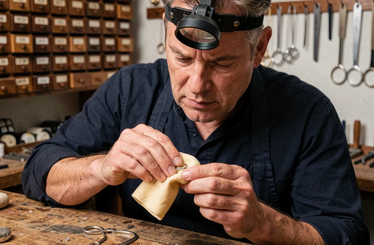 Bijoutier professionnel polissant une bague en argent avec un chiffon chamois dans son atelier artisanal