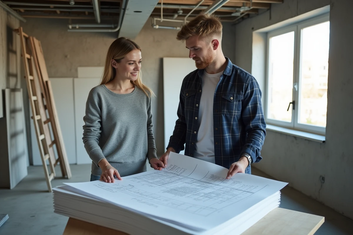 Couple consultant des plans de rénovation devant une ossature de cloison Placo en cours de montage dans un appartement