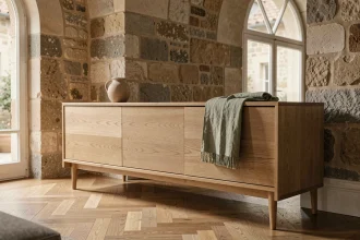 Buffet en chêne massif au style scandinave dans un salon français contemporain avec parquet en point de Hongrie