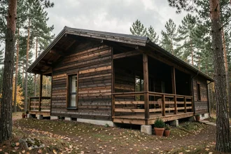 Chalet habitable en bois foncé avec terrasse couverte au milieu d'une forêt de pins en automne