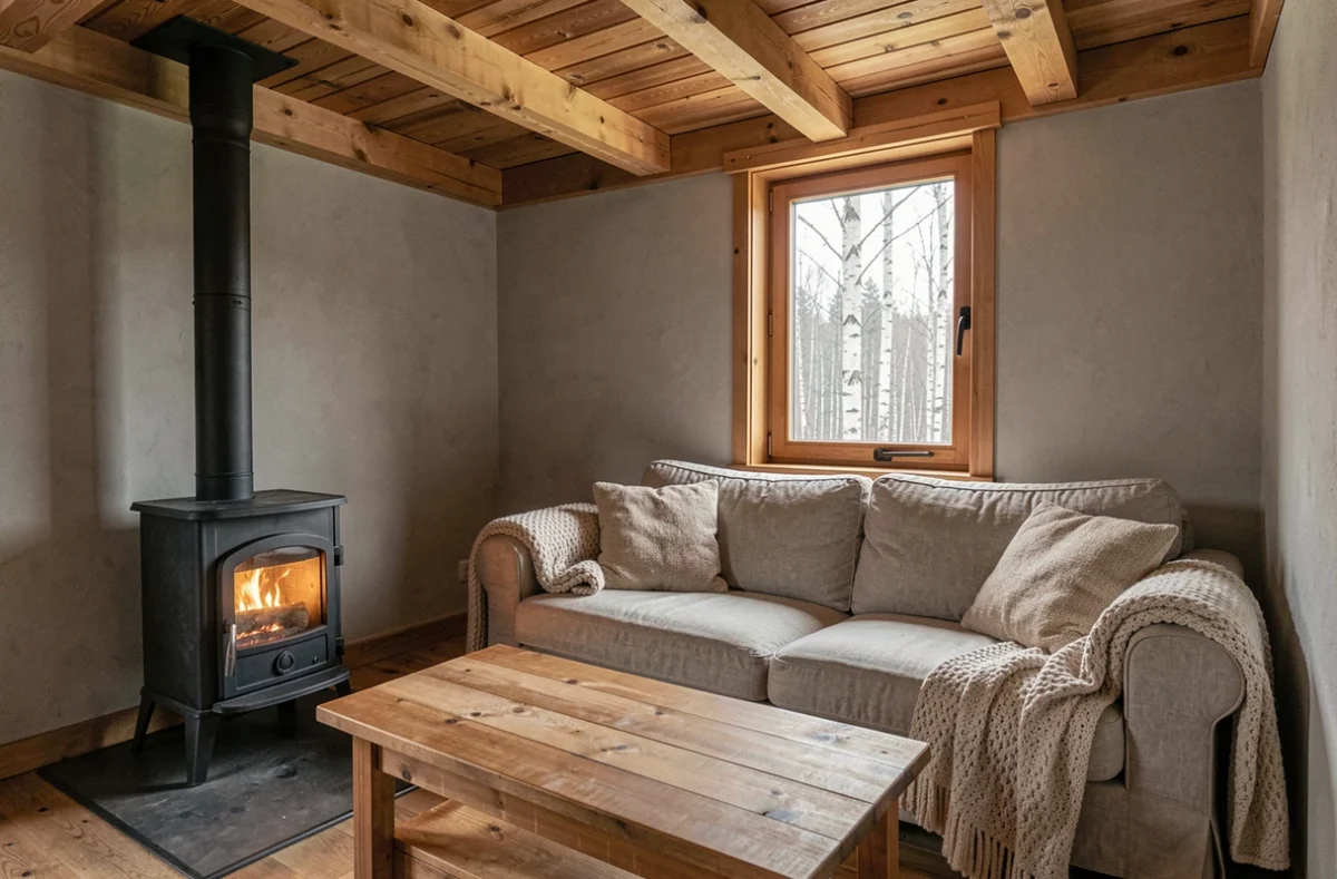 Intérieur chaleureux d'un chalet habitable avec poutres en bois et poêle à bois en fonte