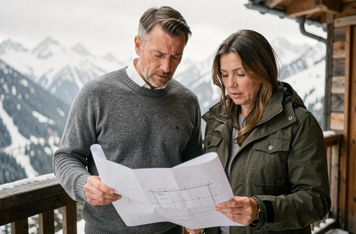 Couple examinant les plans d'un chalet habitable sur une terrasse avec vue sur les montagnes enneigées