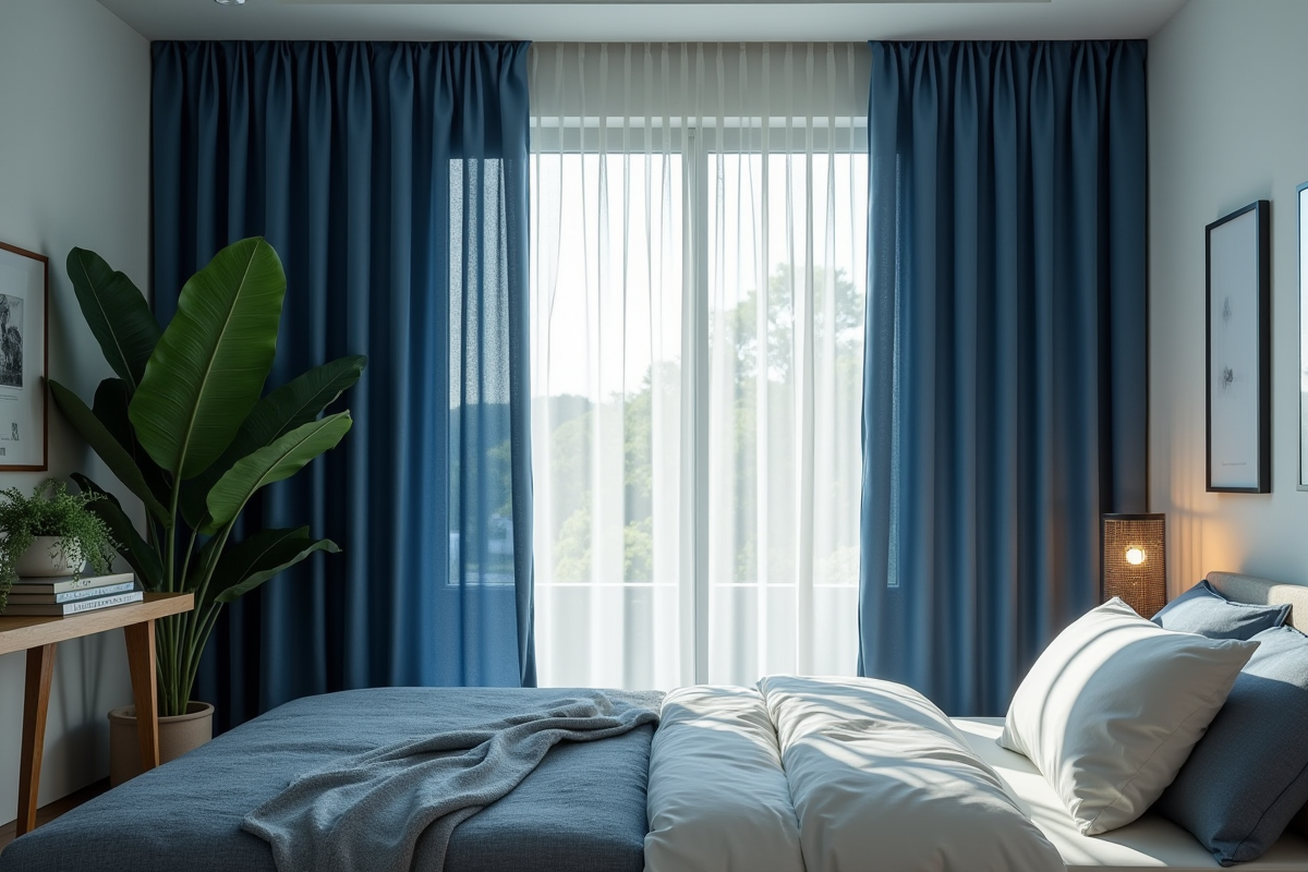 Chambre sereine avec rideaux thermiques bleus et ambiance écologique