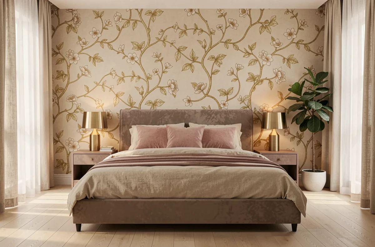 Chambre principale avec papier peint chinoiserie beige et doré, tête de lit en velours taupe et lampes en laiton brossé