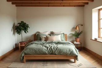 Chambre parentale écoresponsable avec lit en chêne massif, linge de lit en lin bio vert sauge et plantes vertes en pot en terre cuite
