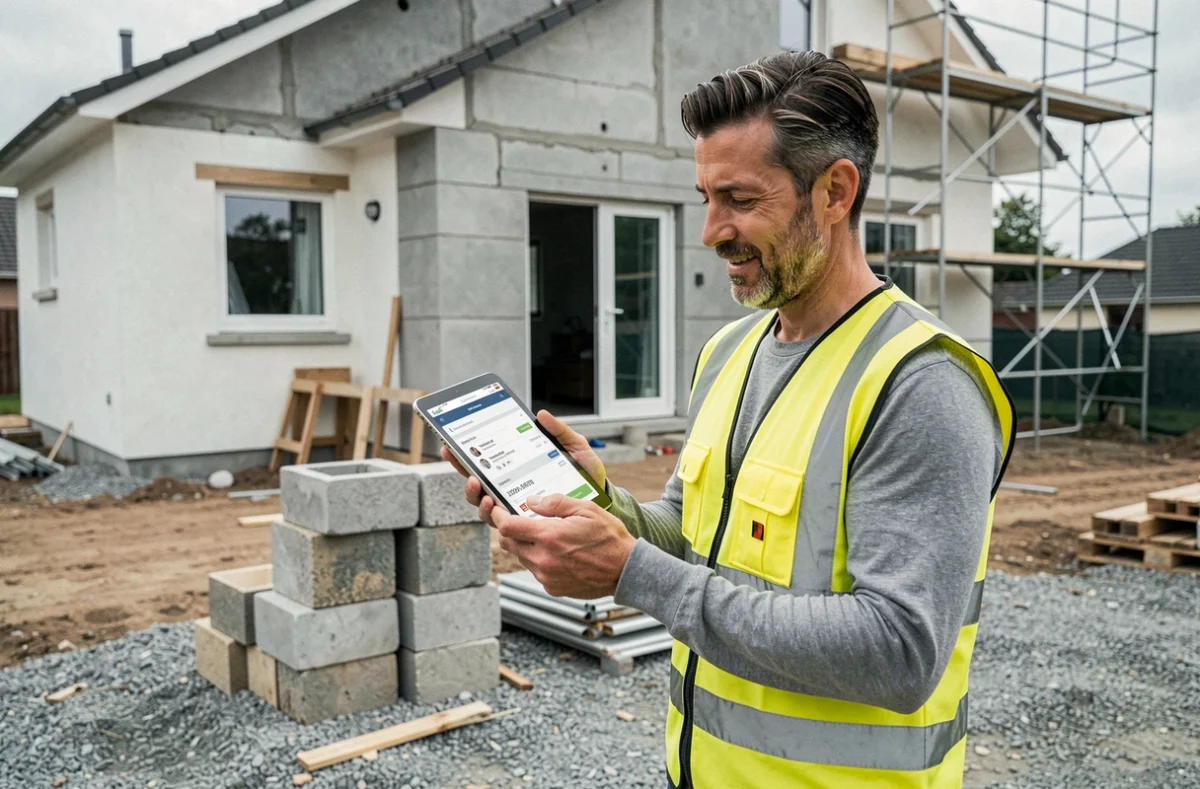 Chef de chantier consultant un devis numérique sur tablette devant une maison en construction