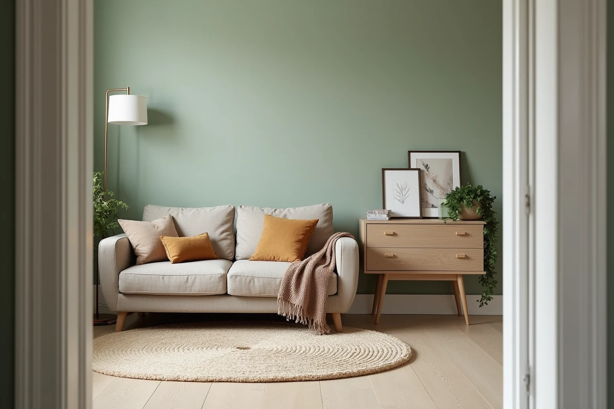 Coin salon petit budget relooké avec canapé, plante et accessoires décoratifs en tons naturels