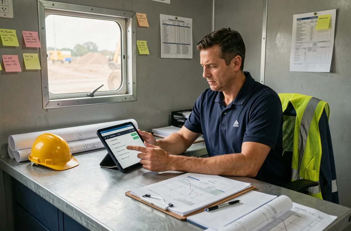 Homme sur un chantier comparant des devis de rénovation sur une tablette numérique dans un bureau de chantier