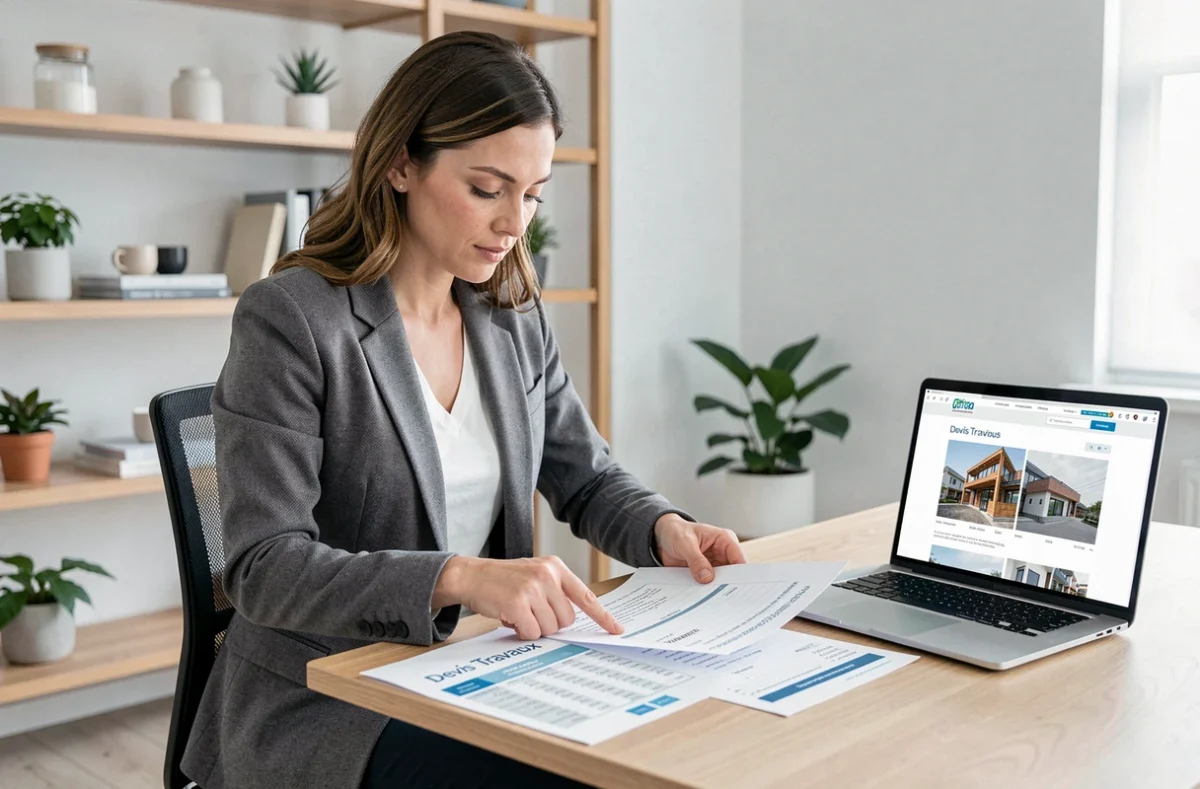 Femme comparant un devis travaux et une grille tarifaire à son bureau à domicile