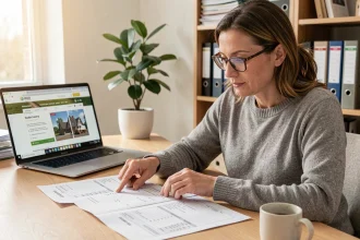 Femme comparant des devis de travaux imprimés sur un bureau à domicile avec un ordinateur portable affichant une plateforme de comparaison