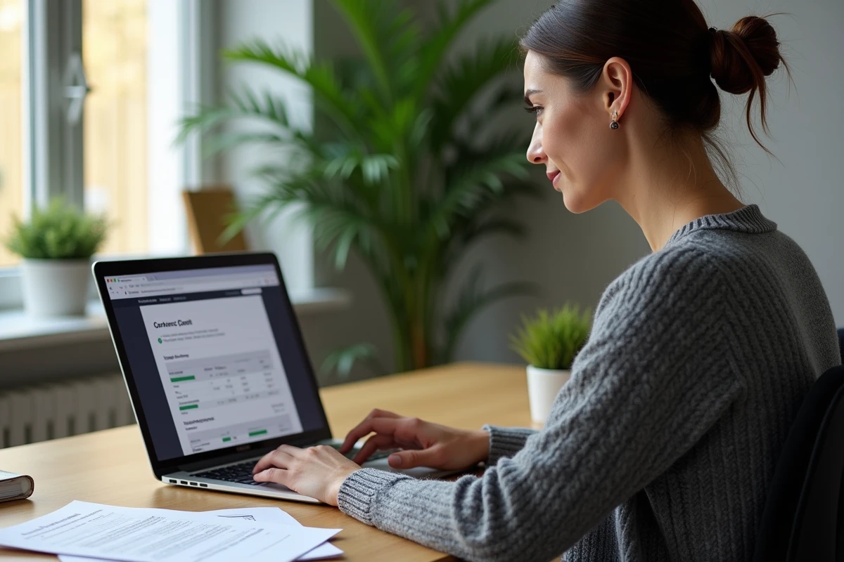 Femme comparant des devis travaux en ligne sur un site comme ChantierAccess.fr depuis son bureau