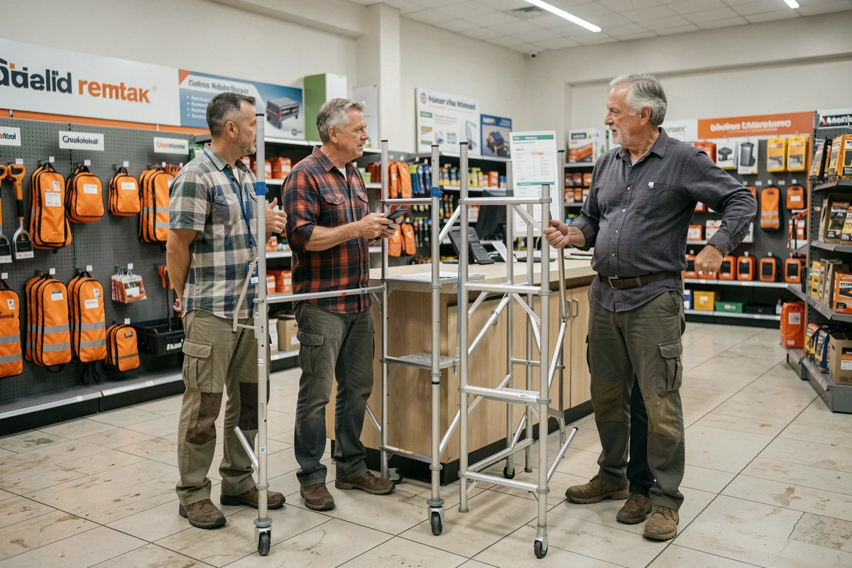 Deux hommes comparant un échafaudage roulant et un échafaudage fixe au comptoir de location d'une grande surface de bricolage