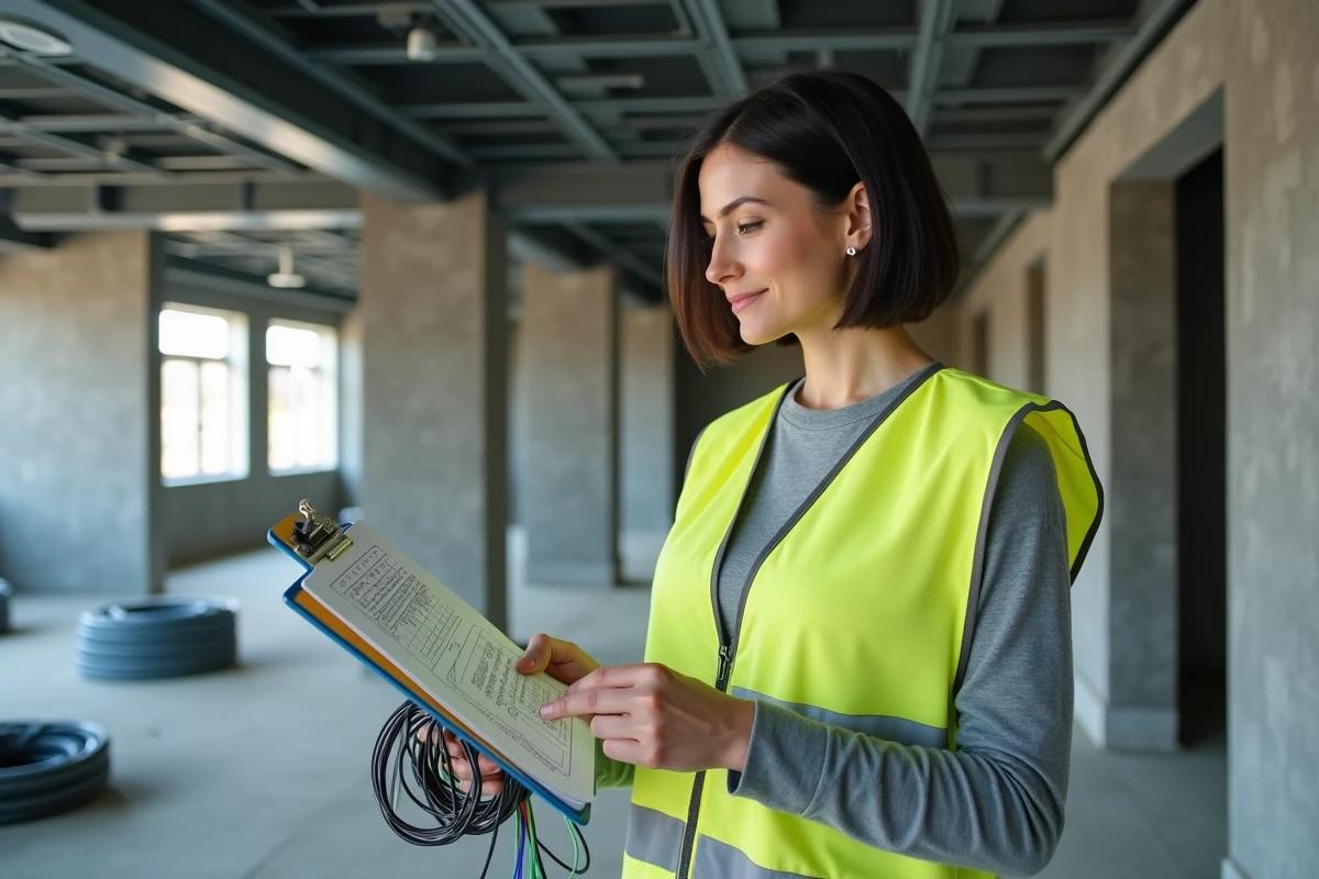 Électricienne comparant le système d'électricité araignée au câblage traditionnel dans un bureau en construction