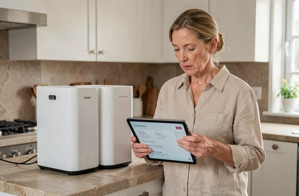Femme comparant des appareils électroménagers Elsay et Samsung dans une cuisine moderne équipée