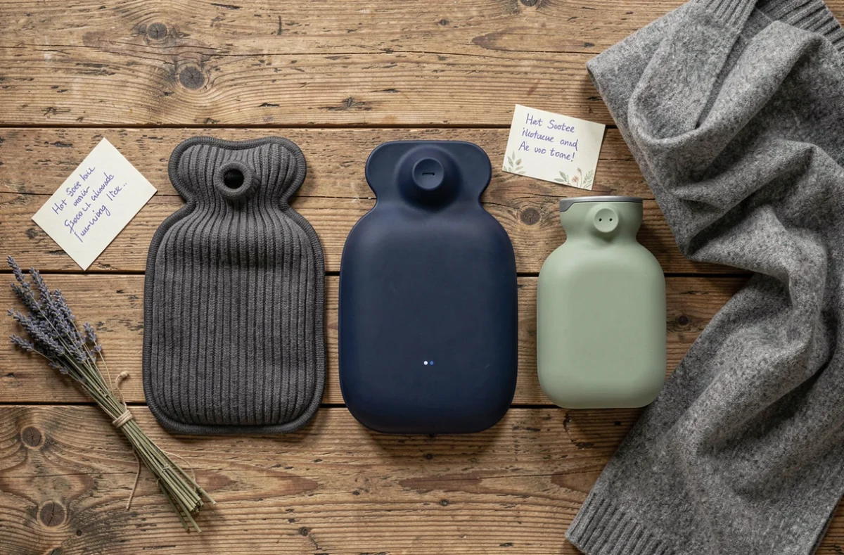 Comparaison de trois modèles de gourdes chauffantes disposées en flat lay sur une table en bois rustique