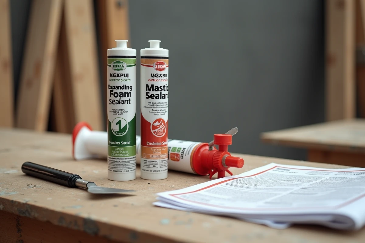 Comparaison entre mousse expansive interdite et mastic d'étanchéité professionnel adapté pour menuiserie extérieure, posés sur un établi de chantier