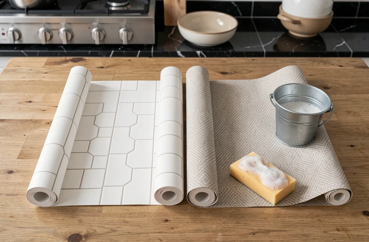 Comparaison de deux rouleaux de tapisserie lavable pour cuisine déroulés sur une table en bois avec une éponge humide pour test de résistance