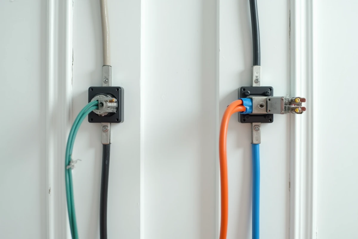 Comparaison visuelle entre câblage électrique traditionnel et système d'électricité araignée sur mur en plâtre