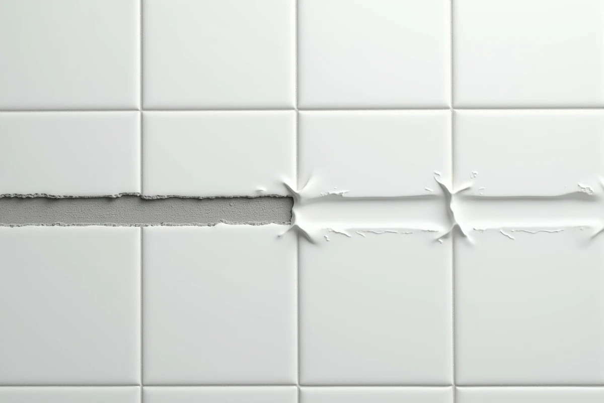 Gros plan comparatif montrant les trois étapes d'application d'un joint époxy sur un joint de carrelage existant détérioré