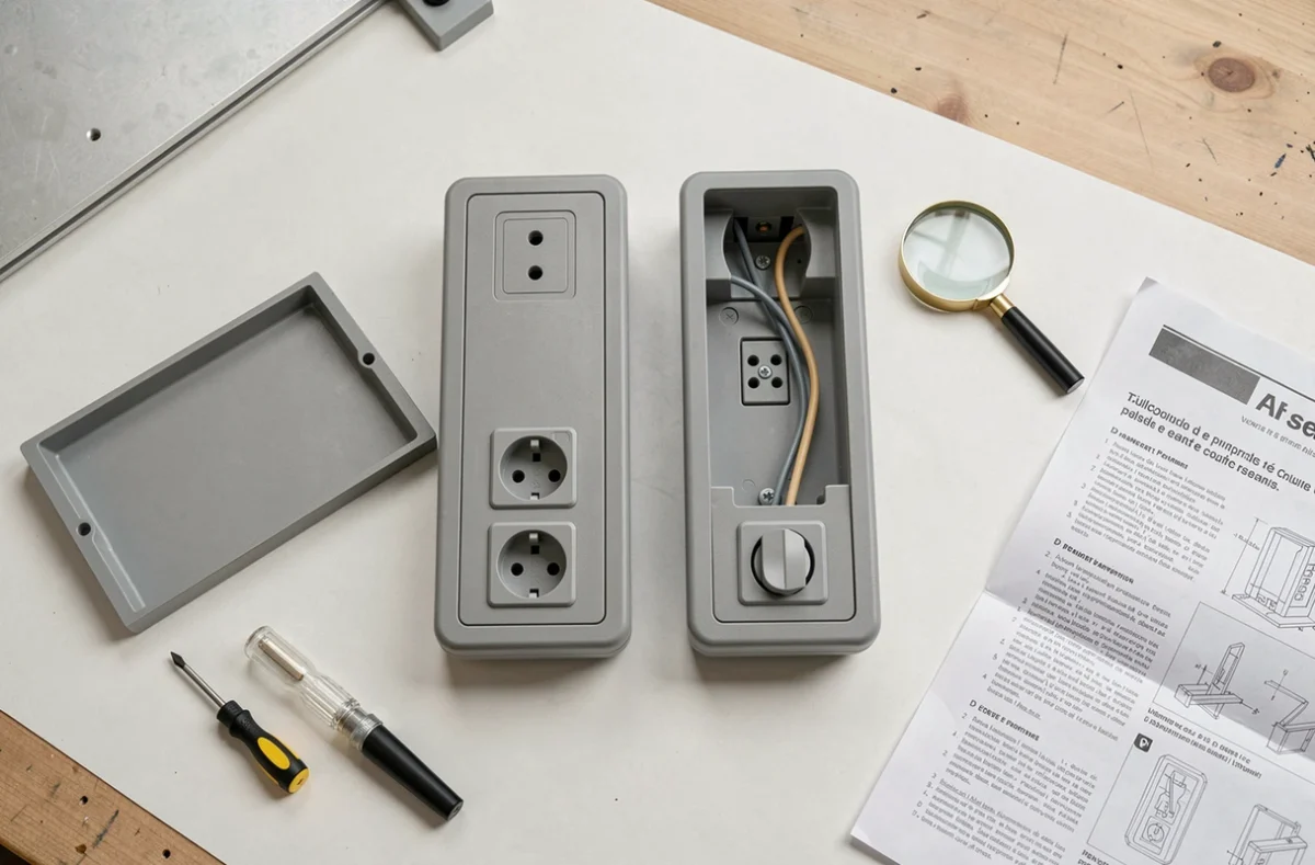Vue de dessus de gouttières électriques avec prises intégrées et volets de sécurité enfant sur table de travail