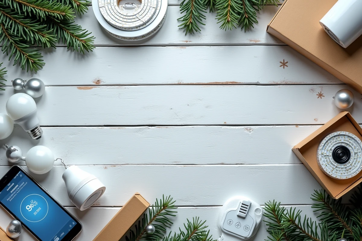 Vue de dessus de différents types de guirlandes LED de Noël avec emballages et étiquettes d'économie d'énergie sur table en bois