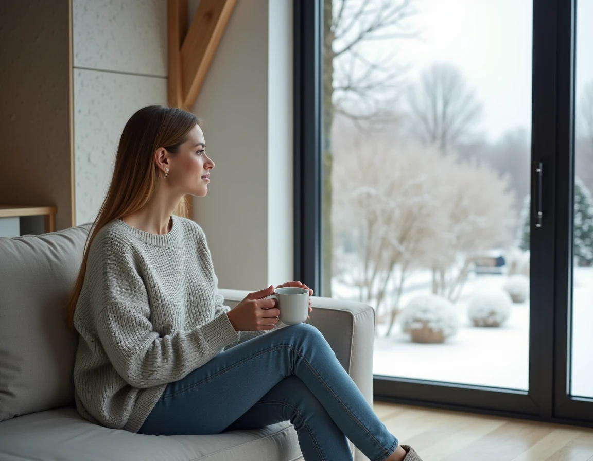 Femme confortablement installée dans un salon bien isolé thermiquement face à un jardin hivernal