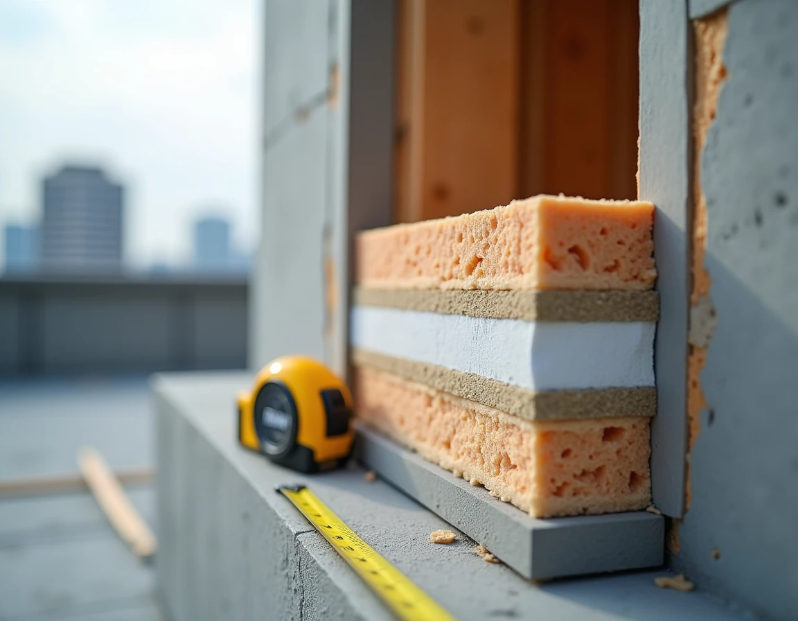 Coupe transversale d'un mur avec couches d'isolation thermique et acoustique durable sur un chantier