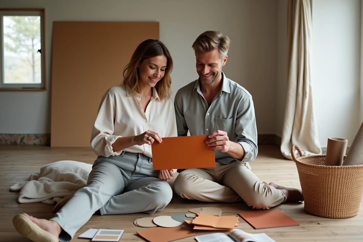 Couple choisissant des matériaux écoresponsables pour aménager leur chambre parentale naturelle avec échantillons de tissu et peintures naturelles