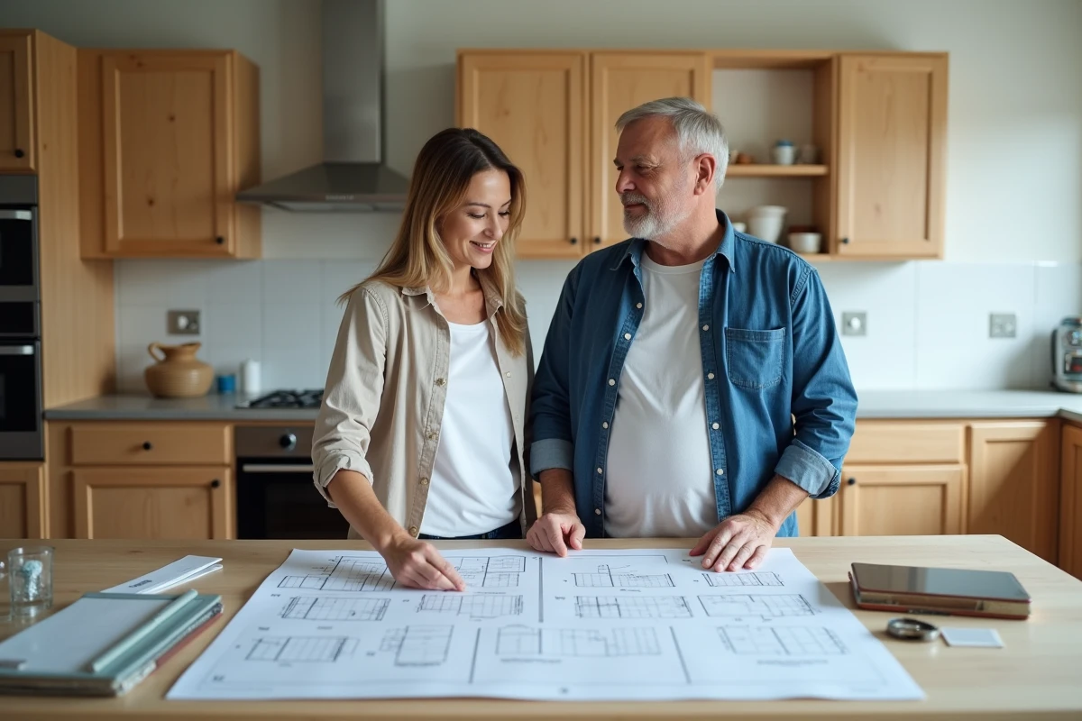 Couple discutant autour d un plan de cuisine en rénovation