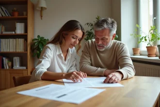 Couple examinant des documents d'assurance habitation MACIF sur une table en bois dans un appartement moderne