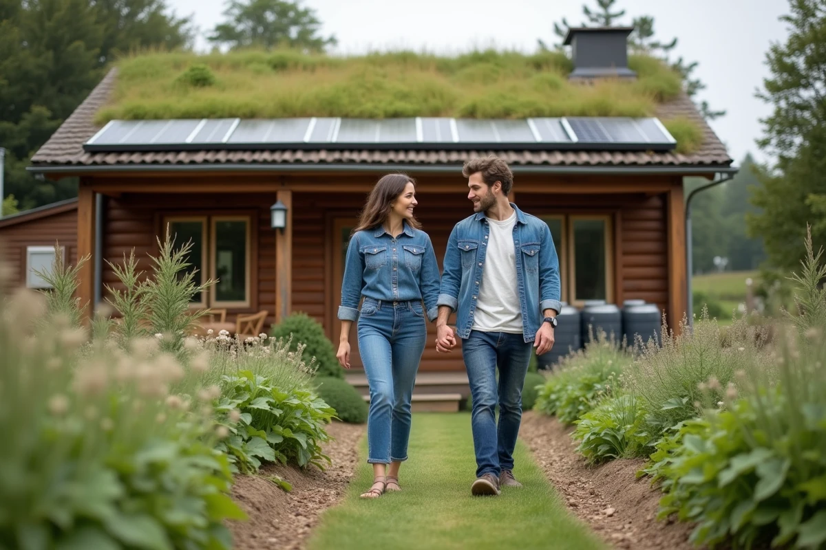 Jeune couple dans un environnement rural avec maison écologique
