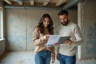 Jeune couple de primo-accédants examinant des devis de travaux dans un appartement vide à rénover