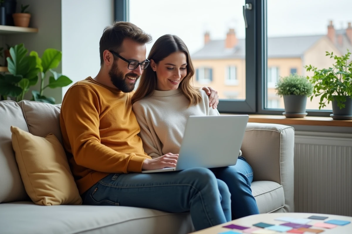 Couple discutant de leur projet d'aménagement intérieur devant un logiciel 3D sur ordinateur portable dans leur appartement moderne