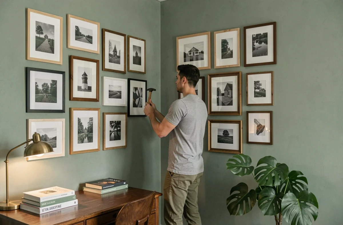 Homme décorant un bureau à domicile avec un mur de cadres personnalisés et économiques